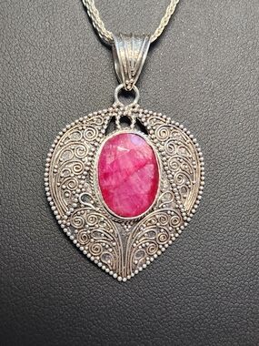 VTG Ruby Filigree Pendant On 32" Woven Italy 925 Necklace
